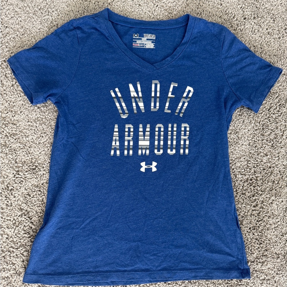 Under Armour Kids Blue Heatgear V Neck T Shirt Loose Fit Size‎ Youth Medium